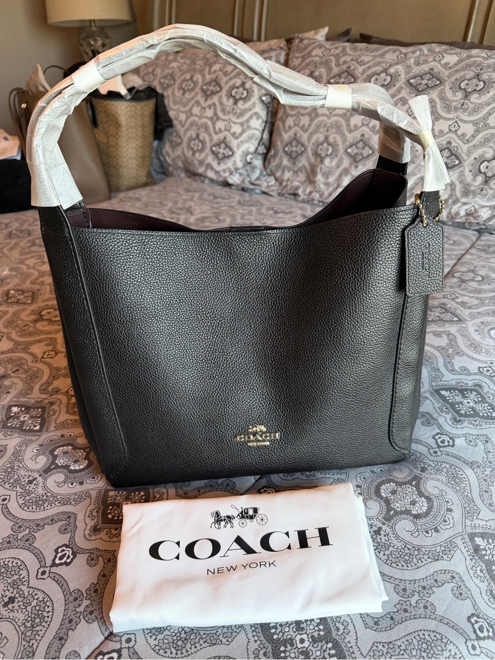 NWT Coach Black Pebbled Leather Shoulder Tote with Gold Logo